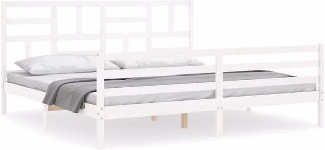 Berkfield Home Solid Wood Bed Frame with Headboard in White, 200 x 200 cm