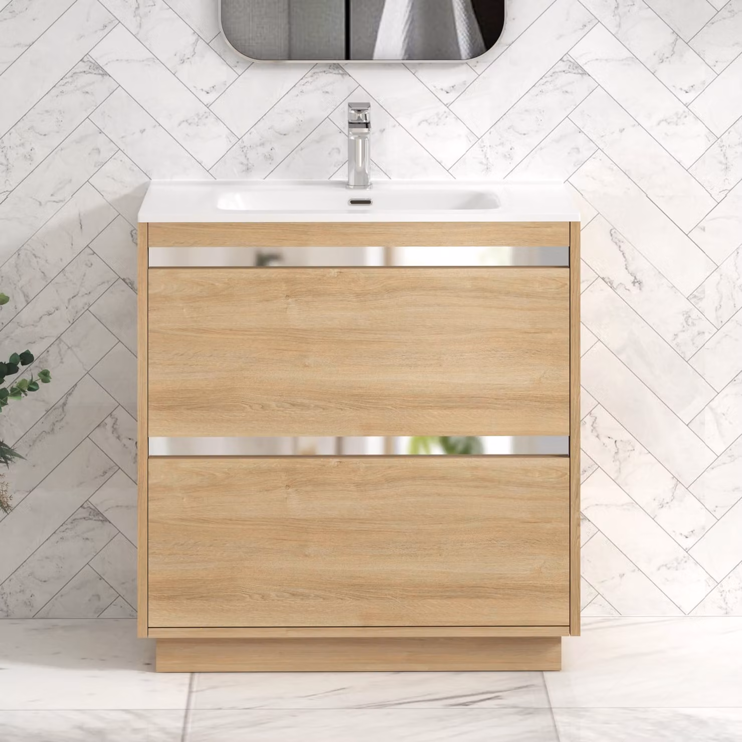 Royal Bathrooms Orion 800mm Natural Oak 2 Drawer Floor Standing Vanity Unit with Ceramic Basin and Chrome Accent Trim