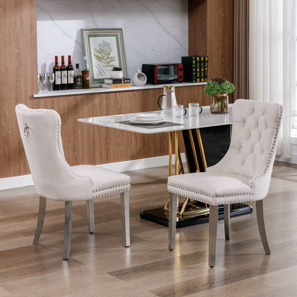 Modern Home Touch Winchester Set of 4 Beige Velvet Upholstered Dining Chairs with Silver Chrome Legs – 2