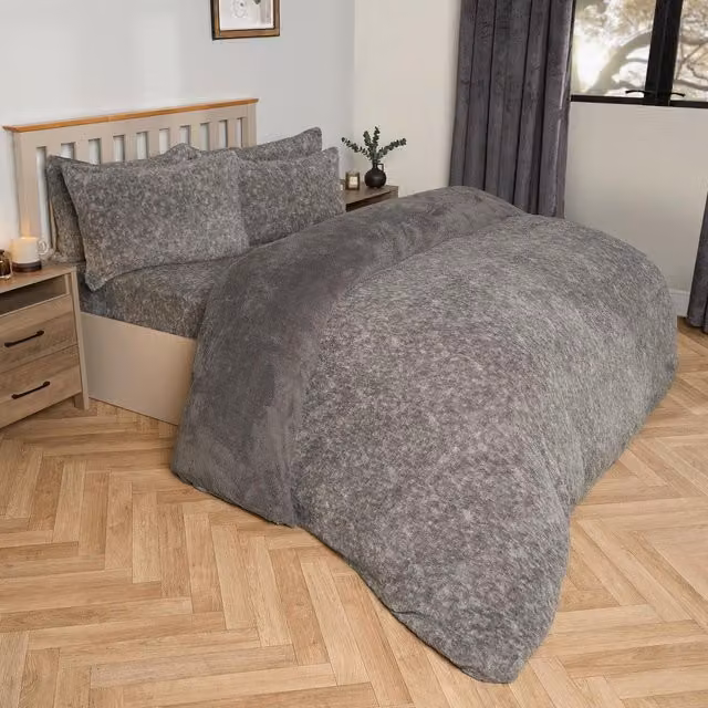 OHS Hygge Teddy Marl Fleece Duvet Set and Pillowcase in Grey, W: 180 cm x H: 200 cm
