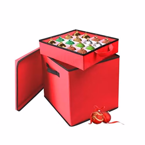 Almineez Red Christmas Tree Bauble Decoration Organiser Box with 4 Removable Trays and Carry Handles, Holds 64 Ornaments – 1