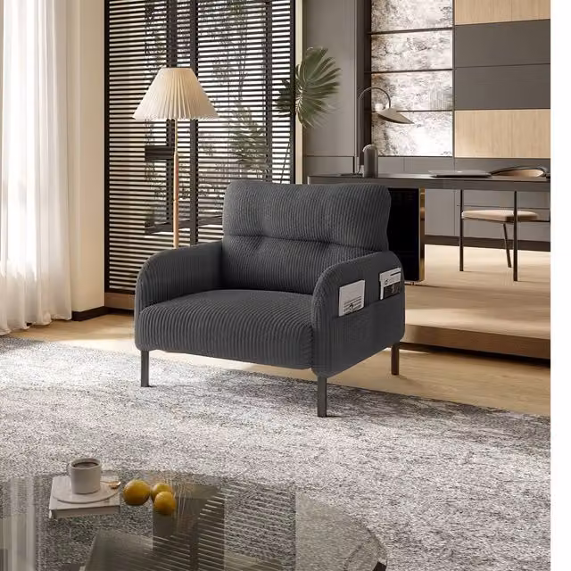 Direct Wicker Grey Corduroy Single Armchair with Wide Seat and Solid Wood Frame – 1