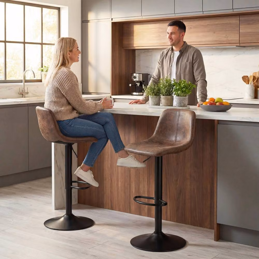 STILVORA Set of 2 Brown Synthetic Leather Bar Stools with Swivel and Adjustable Height – 2