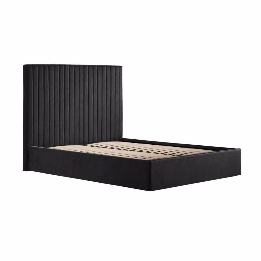 Wyld Haus Dublin Double Ottoman Bed in Black Velvet with Tall Ribbed Upholstered Headboard, W/D/H: 140 x 200 cm – 2