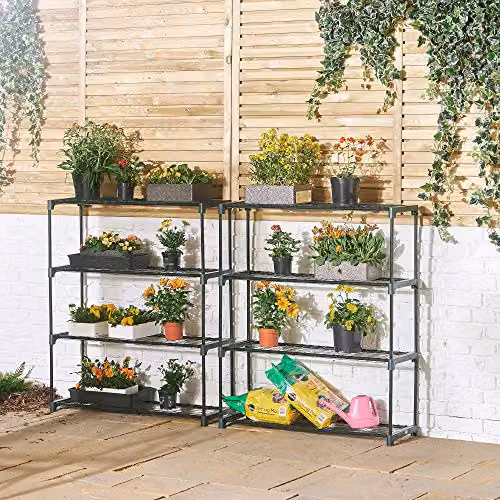 VonHaus 4 Tier Steel Greenhouse Shelving Staging Unit, Pack of 2, Black and Green, H 107.5 cm x W 90 cm x D 30.5 cm – 6