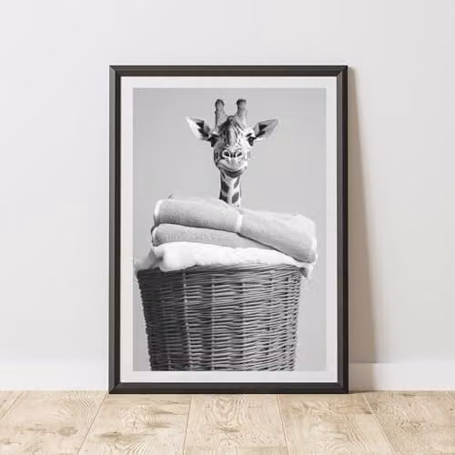 60 SECOND MAKEOVER Giraffe In Laundry Basket Animal Print Wall Art, A3 Paper Poster, Multicolour