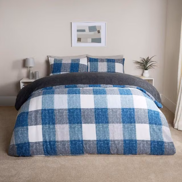 OHS Navy Blue Gingham Check Teddy Fleece Duvet Cover, 90 x 190 cm