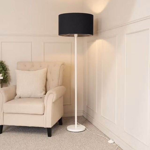 ValueLights Charlie White Metal Single Stem Floor Lamp with Black Fabric Drum Shade and LED Bulb