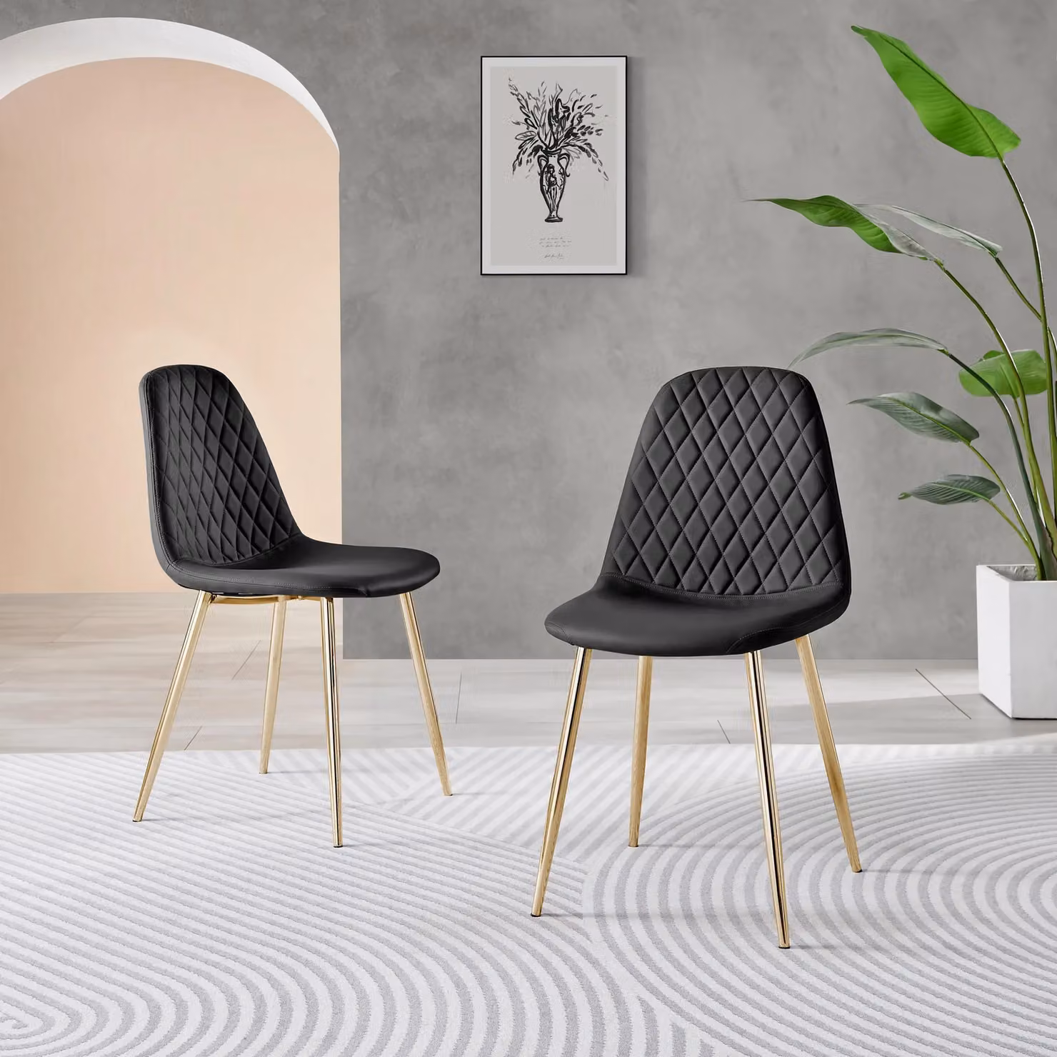 FurnitureboxUK Novara Round Glass Dining Table with Black Legs and 2 Corona Gold Faux Leather Chairs, Diameter: 100 cm – 2