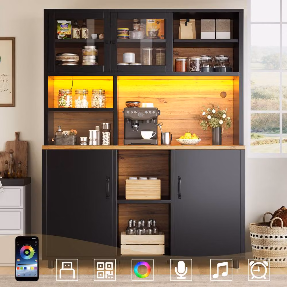 BTM Modern Black Tall Kitchen Sideboard with LED Lighting and Glass Sliding Doors, W/D/H: 140 x 40 x 185 cm – 2
