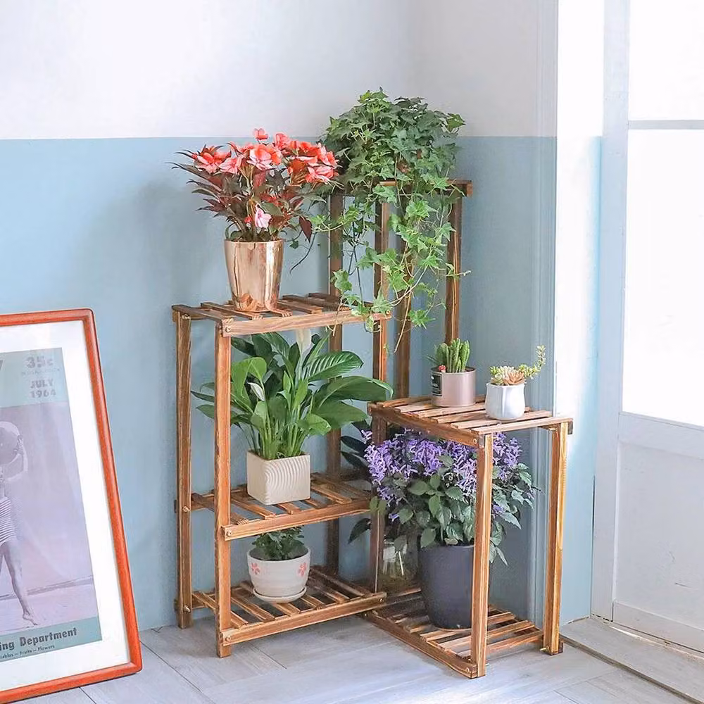 KORVIXA 6 Tier Brown Pine Wood Plant and Shoe Rack Combination Shelf – 2