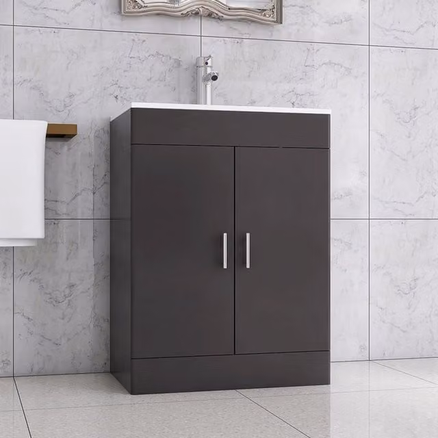 BELOFAY Grey Glossy Flat Pack Floor Standing Cloakroom Vanity Unit with Basin and Soft Close Hinged Doors W/D/H: 60 x 39 x 82 cm