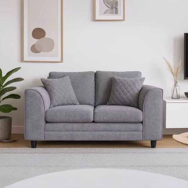 Furnishings For Less UK 2 Seater Quilted Chenille Fabric Sofa in Grey with Scatter Cushions and Removable Covers – 1