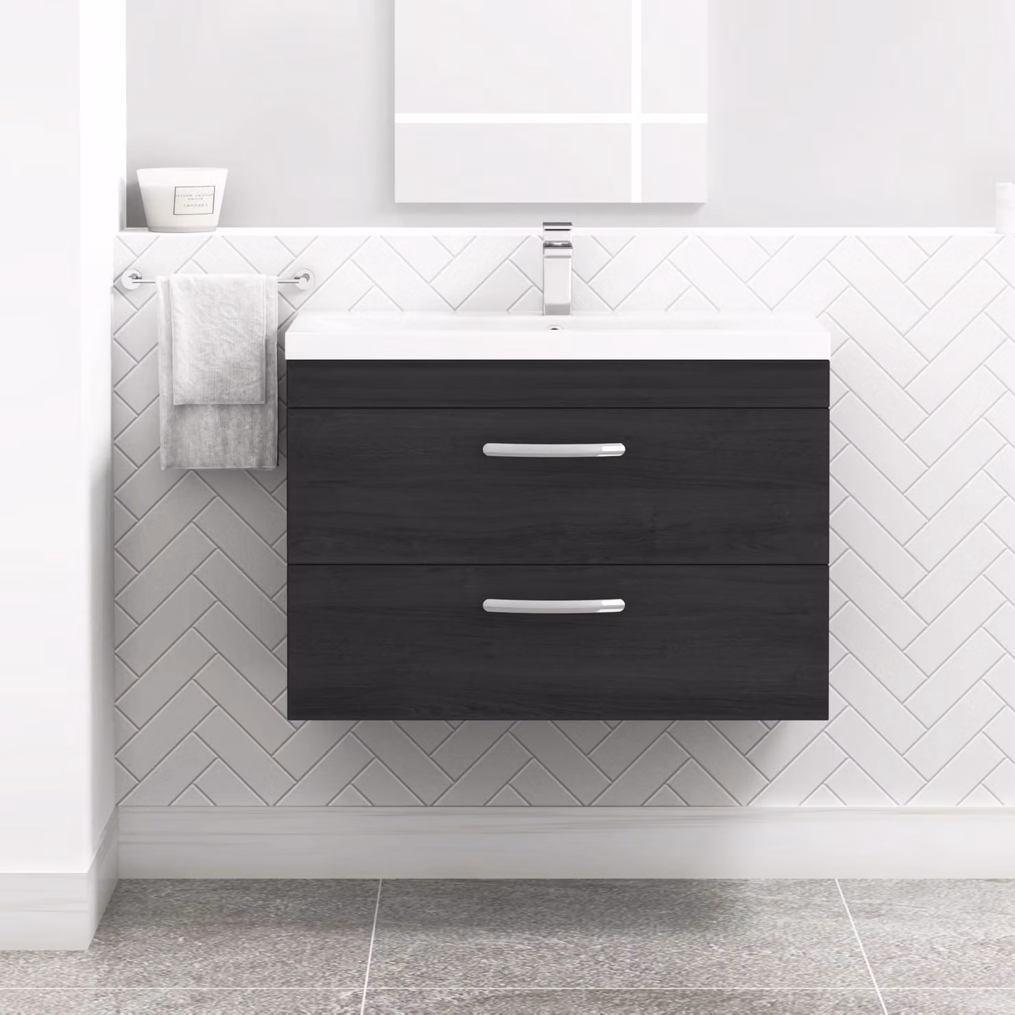 Royal Bathrooms Turin 800mm Wall Hung Vanity Unit in Hale Black with 2 Drawers and Mid-Edge Sink