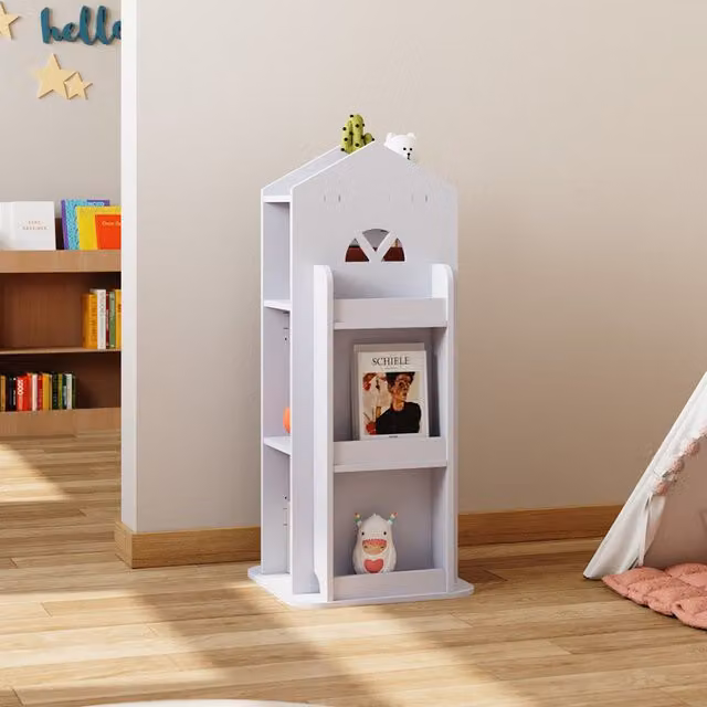 Livingandhome 4-Tier Compact Swivel Rotating Bookcase for Children in White