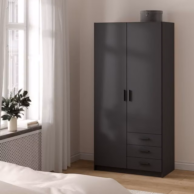 Furniture To Go Sprint Wardrobe with 2 Hinged Doors and 3 Integrated Drawers in Matt Grey and Black