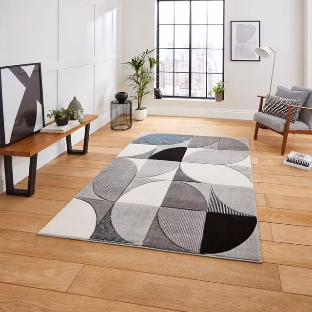Terrys Modern Geometric Rectangular Rug in Grey and Black