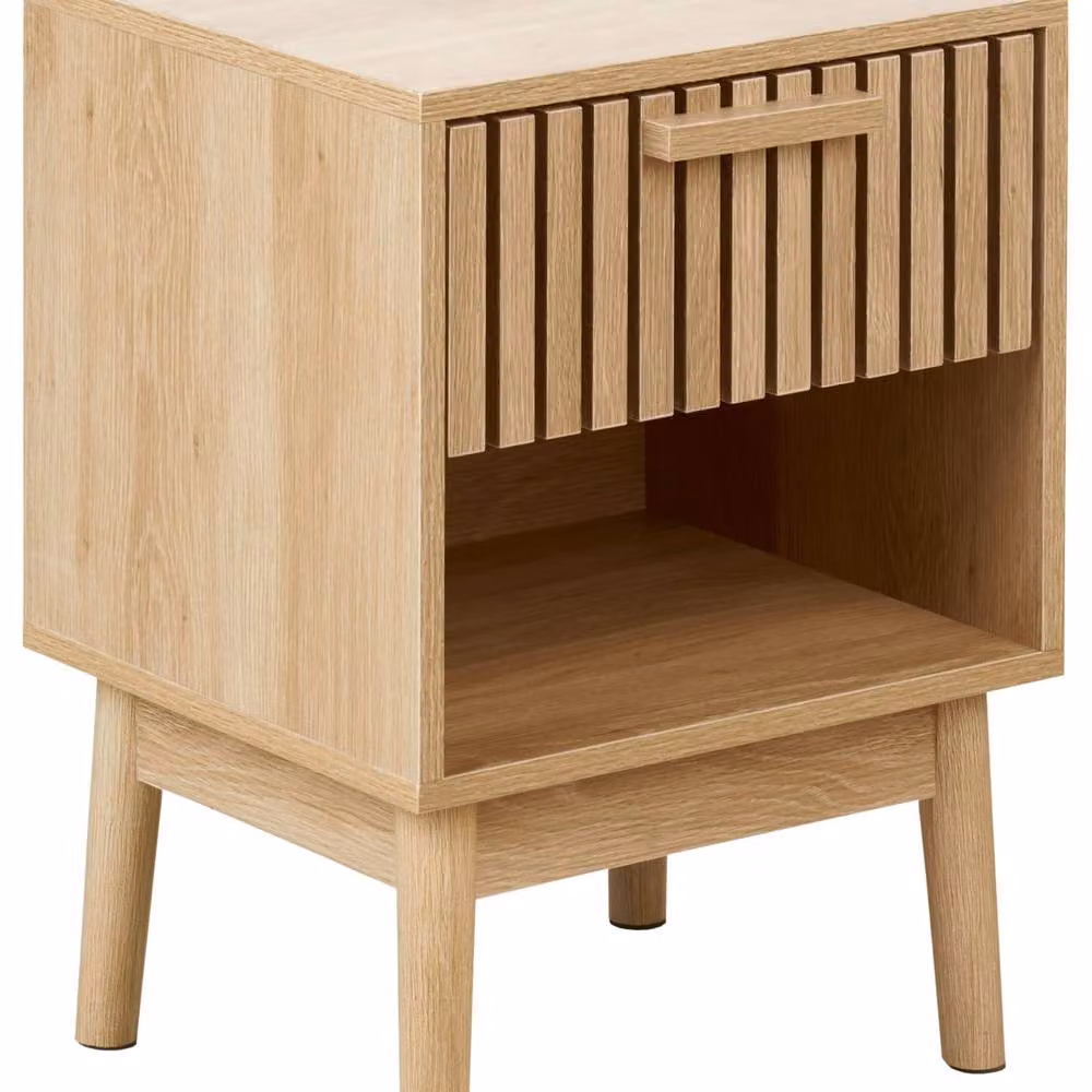 Wyld and Coco Rustic Bedside Table in Light Brown MDF with Pine Legs, Drawer and Shelf – 2