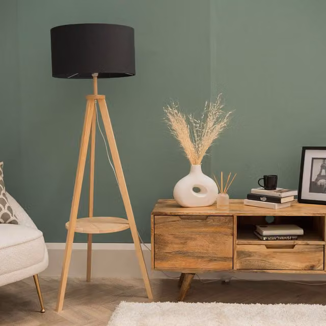 Morrigan Mid-Century Wood Tripod Floor Lamp with Black Fabric Drum Shade