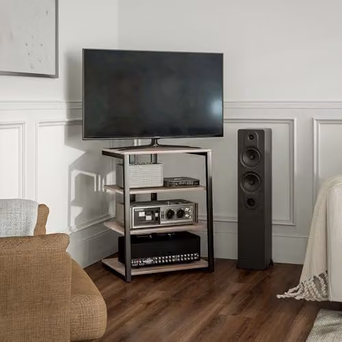 HOMCOM Industrial HiFi Stand and Media Storage Shelf in Grey with 4 Tiers and Metal Accents, W/D/H: 79.0 x 60.5 x 60.0 cm – 9