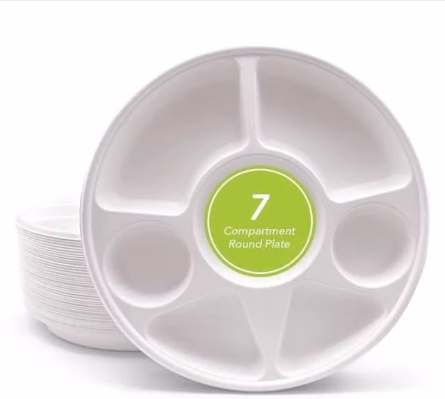 ECONX 200 Pack White Heavy Duty Disposable 7 Compartment Round Bagasse Dinner Plates – 1