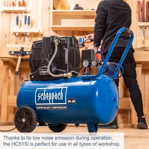 Scheppach HC51Si Silent Oil-Free Air Compressor, 50 L, 1500 W, 8 Bar, 300 L/min, Blue – 4
