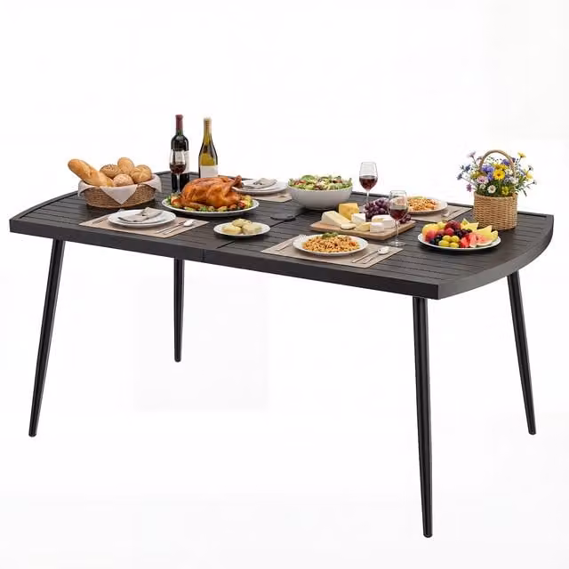 COSTWAY Black Metal Slat Patio Dining Table with Umbrella Hole