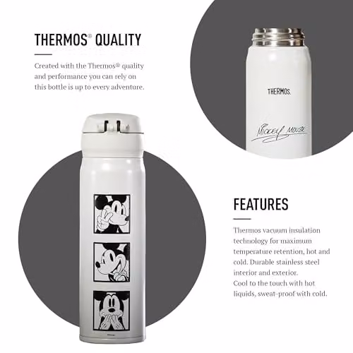 Thermos Disney Mickey Mouse Signature Stainless Steel Vacuum Insulated Drink Flask, 470ml, White