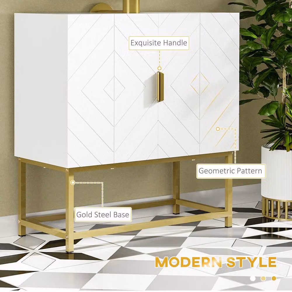 STILVORA Modern White and Gold Under Sink Bathroom Cabinet with Hinged Doors and LED Lighting – 6