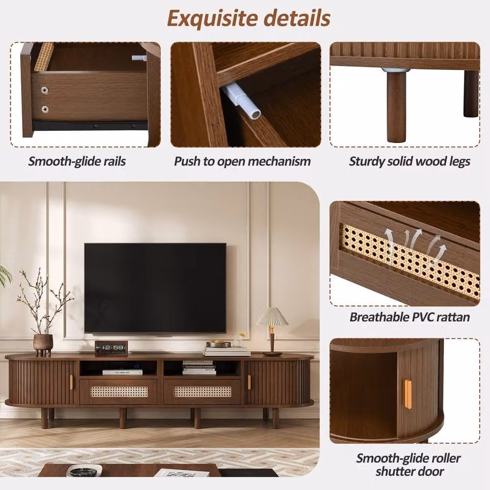 Merax Mid-Century Oval TV Unit in Brown with Rattan Drawers and Sliding Door, W/D/H: 170 x 40 x 40 cm – 5
