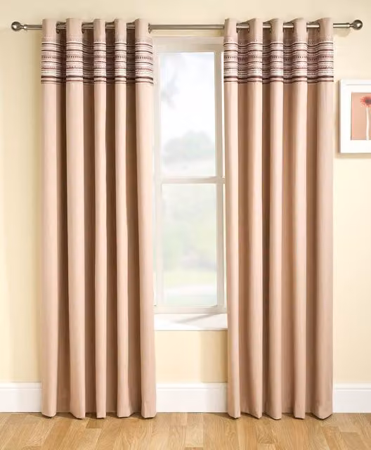 Terrys Siesta Blockout Ready Made Eyelet Curtains in Beige and Brown Thermal Insulating Fabric