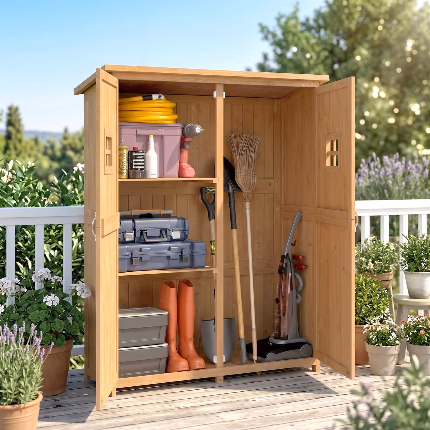 Outsunny Wooden Garden Storage Shed with Double Doors, Internal Shelves and Windows, W/D/H: 127.5 x 50 x 164 cm, Rustic Brown – 5