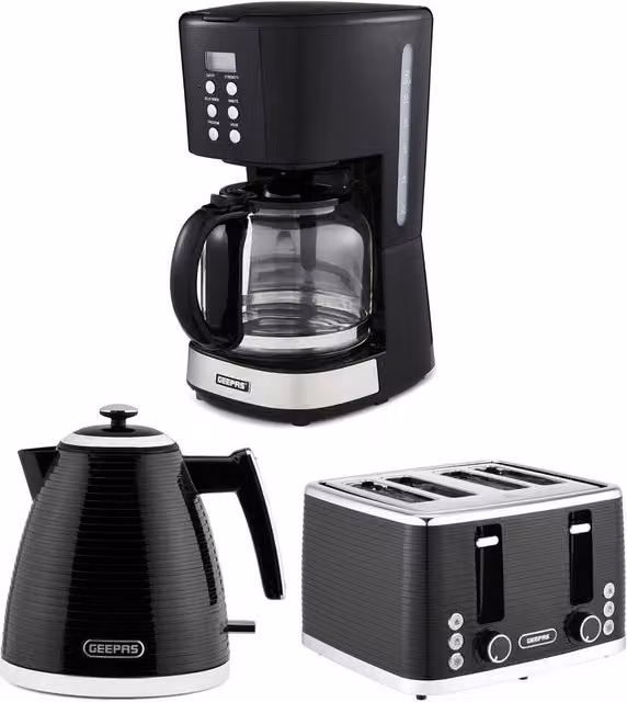 Geepas Black Filter Coffee Machine 1.5L, Electric Kettle 1.7L and Toaster Set