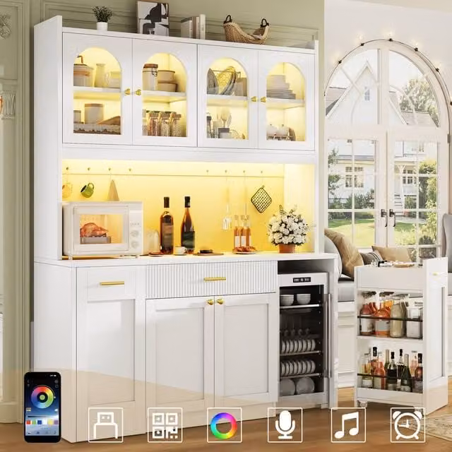 Merax White Arched Kitchen Dresser with Integrated LED Lighting and Glass Doors, W/D/H: 120 x 40 x 187 cm – 1