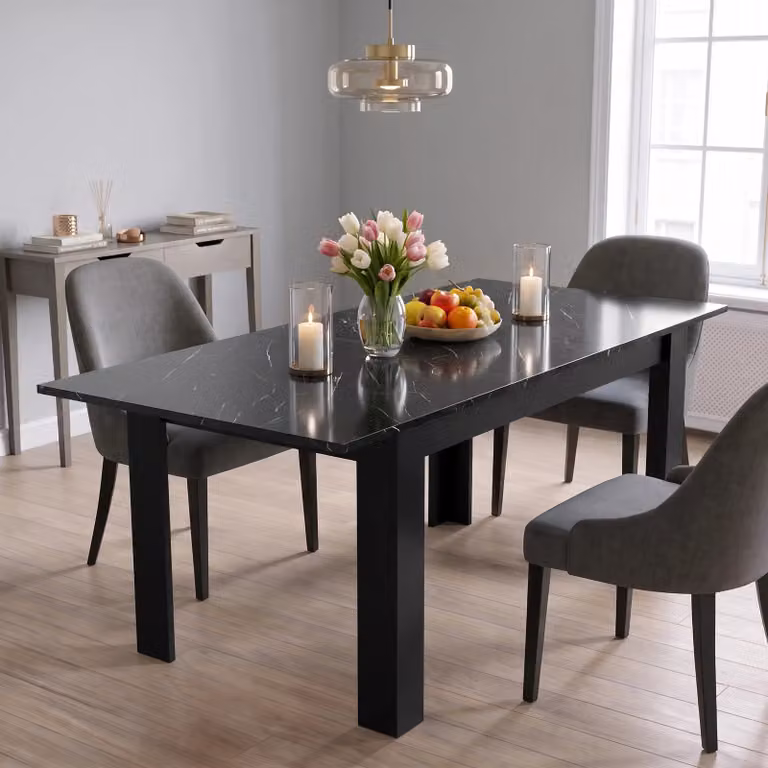 Milo 6 to 8 Seater Extendable Rectangular Dining Table in Black Marble and White Glossy Finish