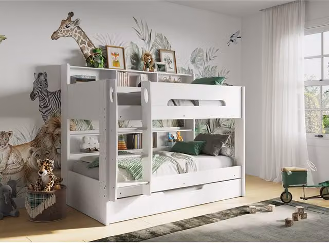 Flair Furnishings Interstellar White Bunk Bed with Trundle and Side Compartments