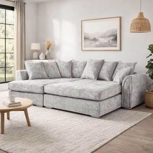 Furnishings For Less UK Chiswick 4 Seater Corner Sofa Bed in Silver Chenille Fabric with Left Hand Facing Footstool, W/D/H: 215 x 150 x 90 cm – 1
