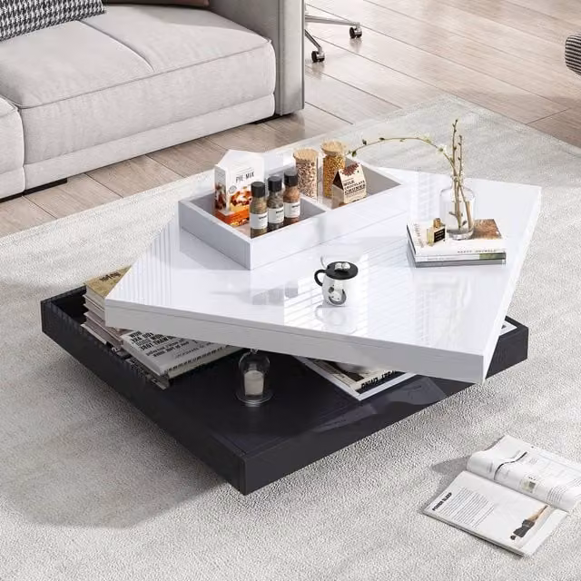 Matteo Modern High-Gloss Rotating Coffee Table with Storage in White and Black – 1