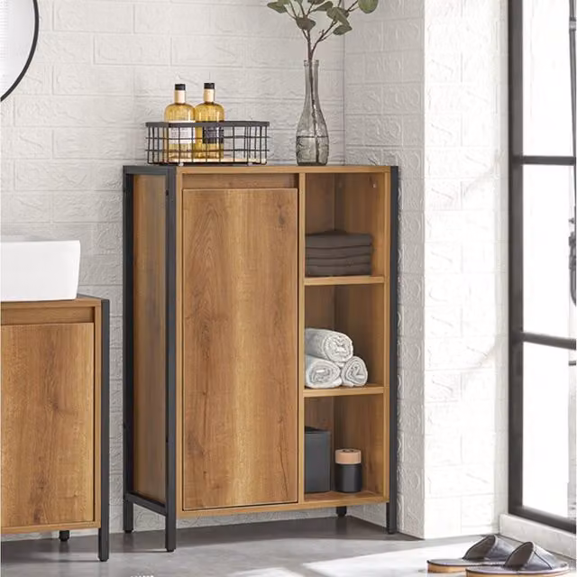SoBuy Brown Industrial Bathroom Cabinet with Laundry Basket, Hinged Doors and Internal Shelves