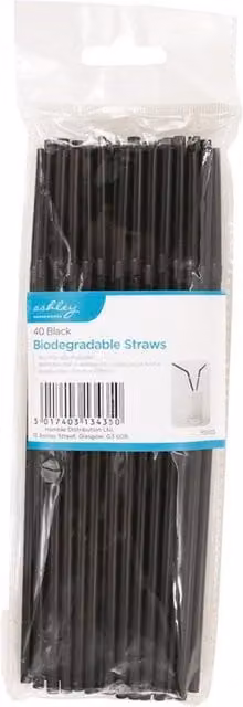 Ashley Biodegradable Straws, Black, 21 cm, Pack of 40