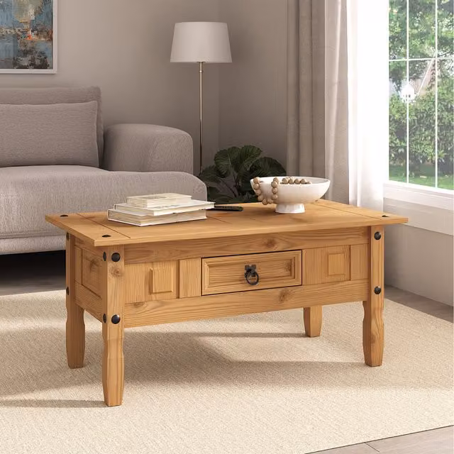 Mews Rectangular Waxed Pine Coffee Table in Brown with 1 Drawer