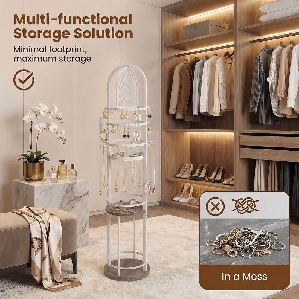 Costway Rotating Jewelry Organizer Stand and Storage Rack with Earring Holder in White and Multicolour – 3