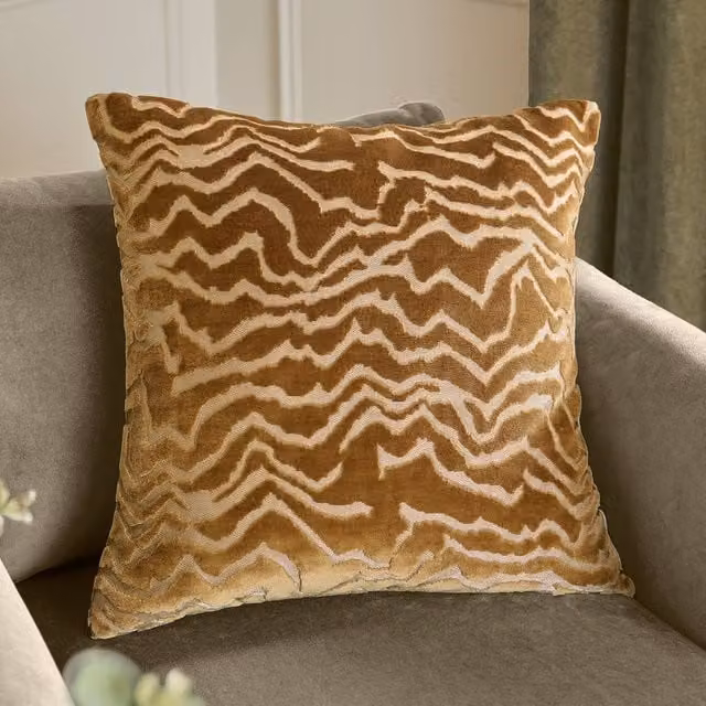 Paoletti Tierra Square Graphic Velvet Cushion in Brown and Gold, W/D/H: 50 x 50 x 5 cm