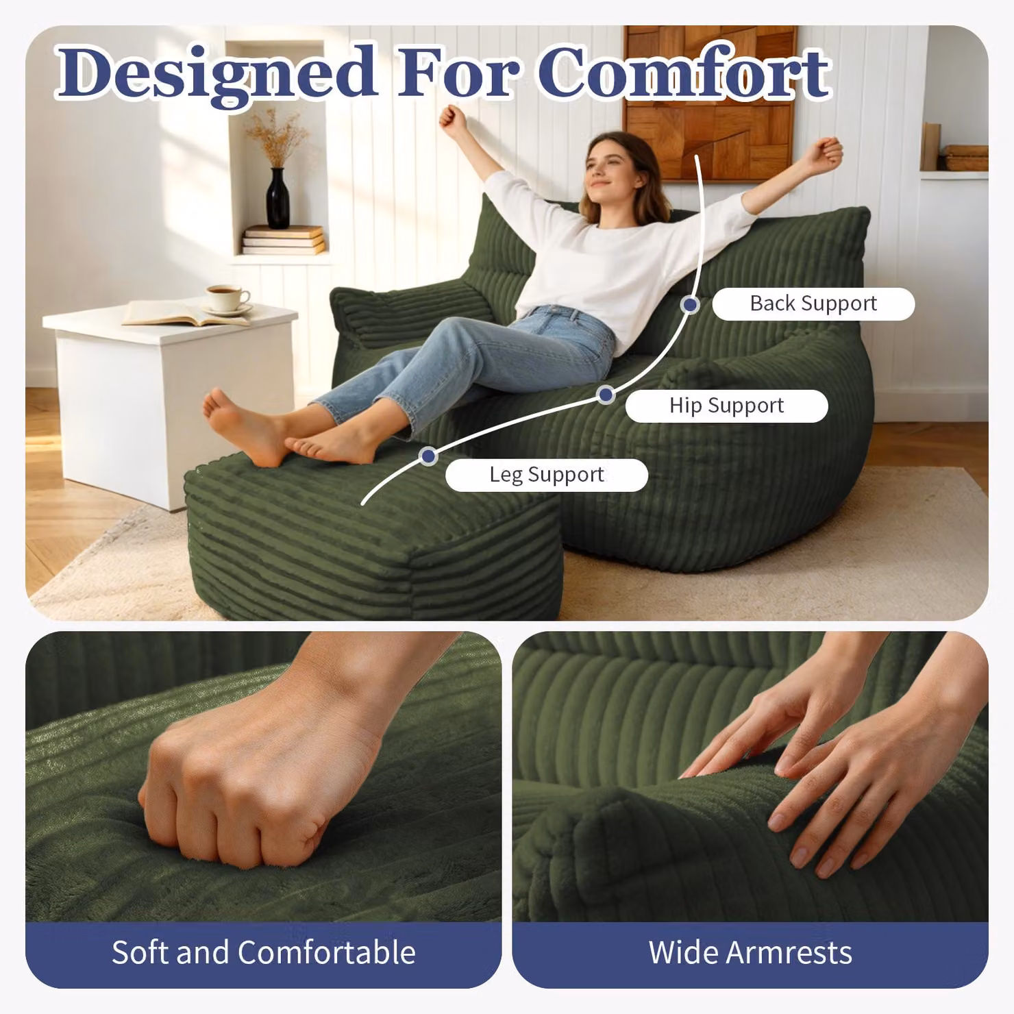 Aosom UK Oversized 2-Seater Corduroy Sofa with Matching Ottoman, Green, W/D/H: 135 x 100 x 75 cm – 6