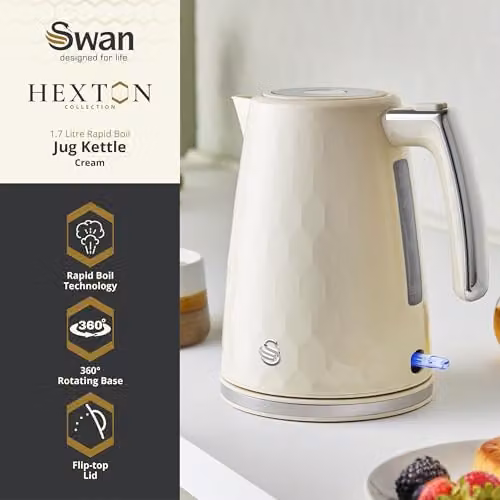 Swan Hexton 1.7l Electric Kettle in Cream and Silver with Limescale Filter – 2