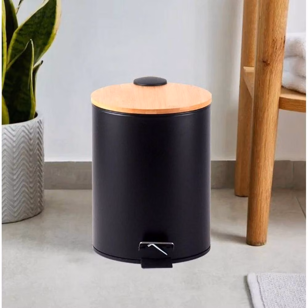 EONLION 5 Litre Black Stainless Steel Pedal Bin with Wooden Lid – 3