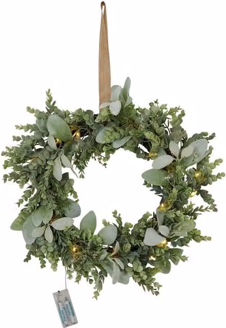 KDMK Luminous Eucalyptus and Lambs Ear LED Winter Wreath in Green and Silver