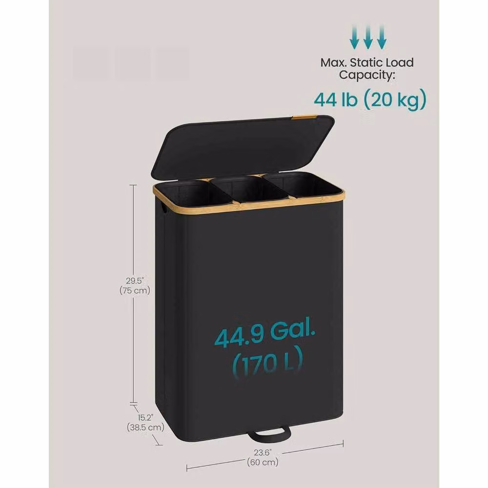 The Bazaarist 3 Compartment Laundry Hamper with Lid and Removable Bags in Black and Dark Grey – 3