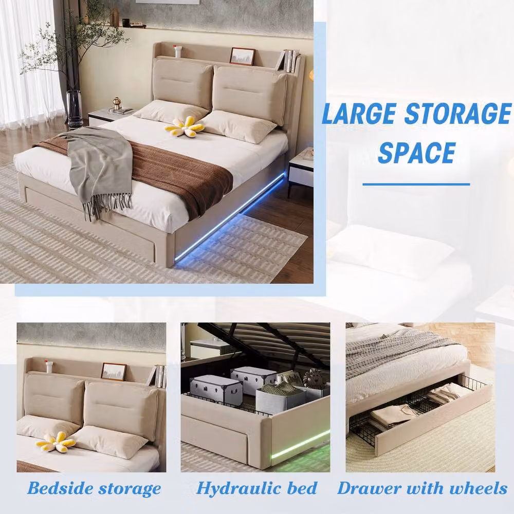 STILVORA Upholstered Velvet Double Bed in Beige with Under-Bed LED Lighting and Bedside Shelf, W/D/H: 140 x 200 x 137 cm – 5