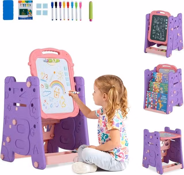COSTWAY 3 in 1 Double Sided Magnetic Board Art Easel and Whiteboard for Children, Pink
